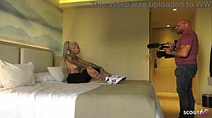 Slim tattooed German milf wife begs for raw hotel cheating, cum splashing her narrow ass
