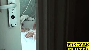Busty blonde Kaz bound and pounded doggystyle till jizz floods her submissive mouth
