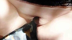 Mature wife huge cameltoe shaved pussy lips flashing outdoor thong exhibitionist close up