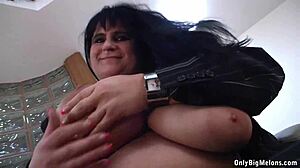 Cecille black enjoys playing with huge boobs and dildo