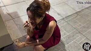 she goes out on the street without panties to have an orgasm in the square and then has sex all wet