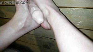 Stepmom jerks dick with feet then deepthroats dildo