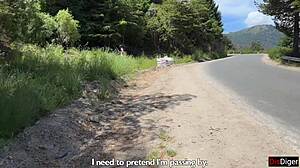 Public cumwalk next to the beach and risky sex in the bushes