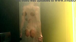 Sexy tattoo girl shows big tits in shower