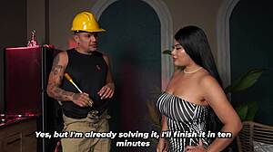 muscular plumber fixes his busty brunette clients clogged drain