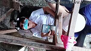 company nurse construction labor playing in construction site with asian babe