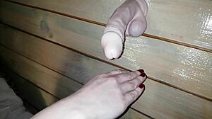 Stepmom jerks dick with feet then deepthroats dildo