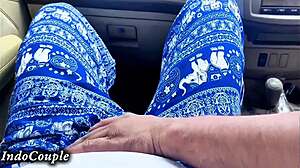 hijab wife plays with cock in car