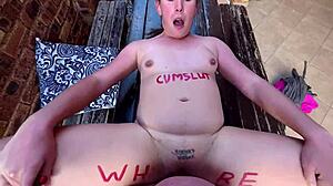 chubby cunt gets dirty words written on her while fucked on table creampie