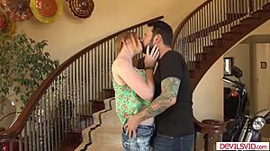 blonde rides cock while stepmom watches close