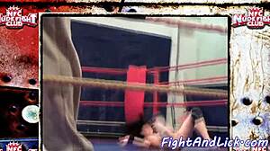 muscular lesbians wrestle in the boxing ring