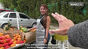 latina market vendor with a big ass gets an offer she cant refuse and teases outdoors