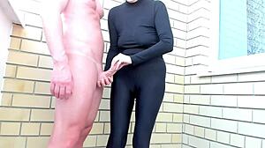 cfnm stepmom in leggings strokes her muscular stallion outdoors