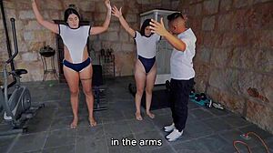 workout ends with lesbian threesome and scissoring