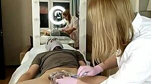 a beautiful woman shaves her big dick pubis and anus