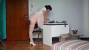 secretary undresses at work with no panties on