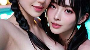 Ass licking pool lesbians ai drool lactate tribbing and kissing