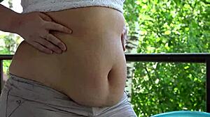 Mukbang from chubby milf with fat belly outdoors