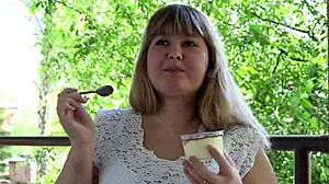 Mukbang from chubby milf with fat belly outdoors