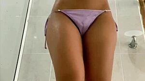 rich petite 18+ in a swimsuit takes a shower and masturbates the very horny slut because she wants cock