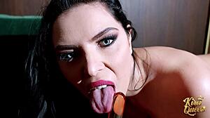 kira queen rubs her pussy and rides a big dildo