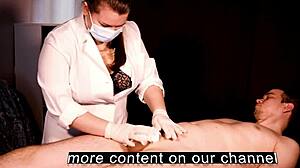 busty nurse makes patient cum after shaving cock