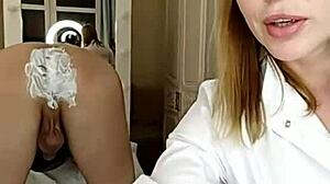 a beautiful woman shaves her big dick pubis and anus