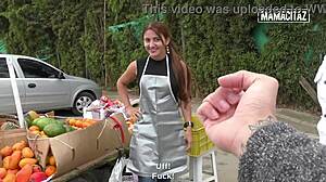 latina market vendor with a big ass gets an offer she cant refuse and teases outdoors