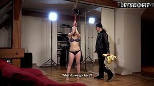 Blindfolded in lace lingerie bound and spread for him to use