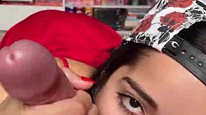 Cute brunette gives handjob and blowjob to big cock