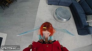 Skinny redhead bloom sucks huge cock in cosplay parody
