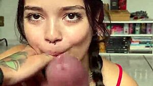 Cute brunette gives handjob and blowjob to big cock