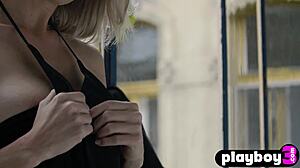 Blonde girl poses naked after ripping clothes in lingerie
