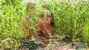 the outdoor maize field is the perfect cover where the couple can reach orgasm together