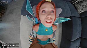 Skinny redhead bloom sucks huge cock in cosplay parody