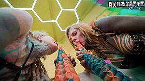 Two alt sluts anal play with wild alien dildos