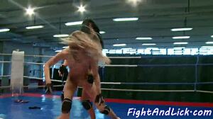lesbian wrestling ends with fingering and queening