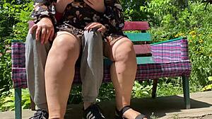 Chubby mother in law masturbates pissing on son in law outdoors