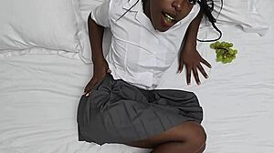 Pov ebony girl sucks big white cock with grapes in ass