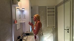 super hot sexy blonde college girl in a satin nightie prepares for the night in the bathroom