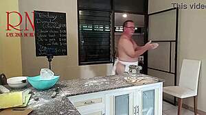 naked housewife cooks ravioli in kitchen with her man