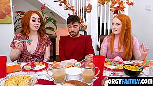 rival redhead stepsisters share their friends cock under the thanksgiving table