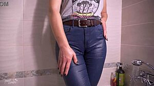 girl teases wet camel toe in tight jeans
