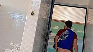 I almost got caught milking a motorcycle courier in public restroom