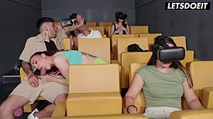 tattooed redhead rides his dick cowgirl in row three of the cinema