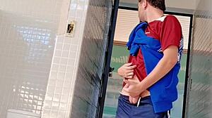 I almost got caught milking a motorcycle courier in public restroom